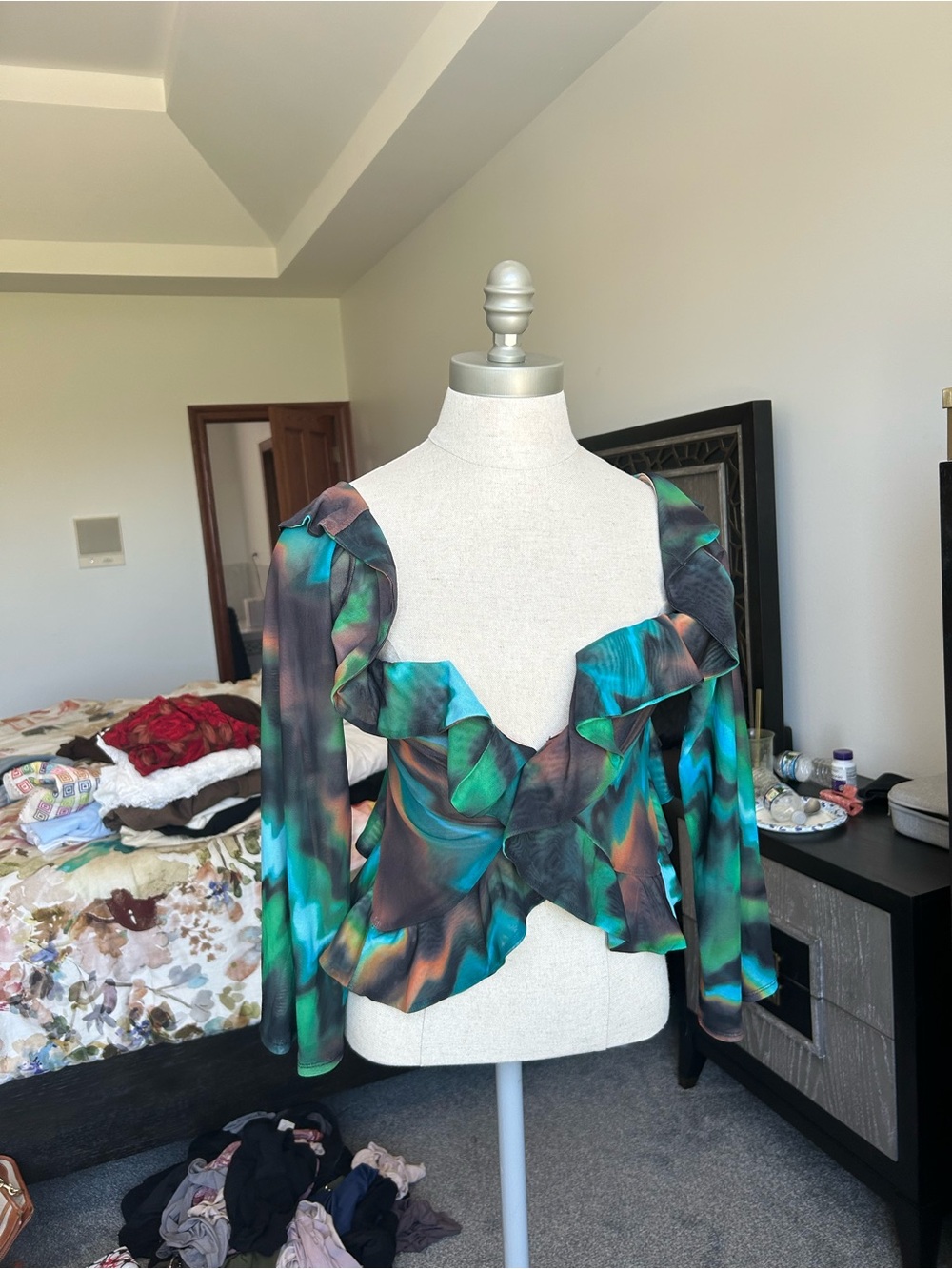 AFRM Ruffled Long-Sleeve Crop Top in Teal Green and Black Swirl